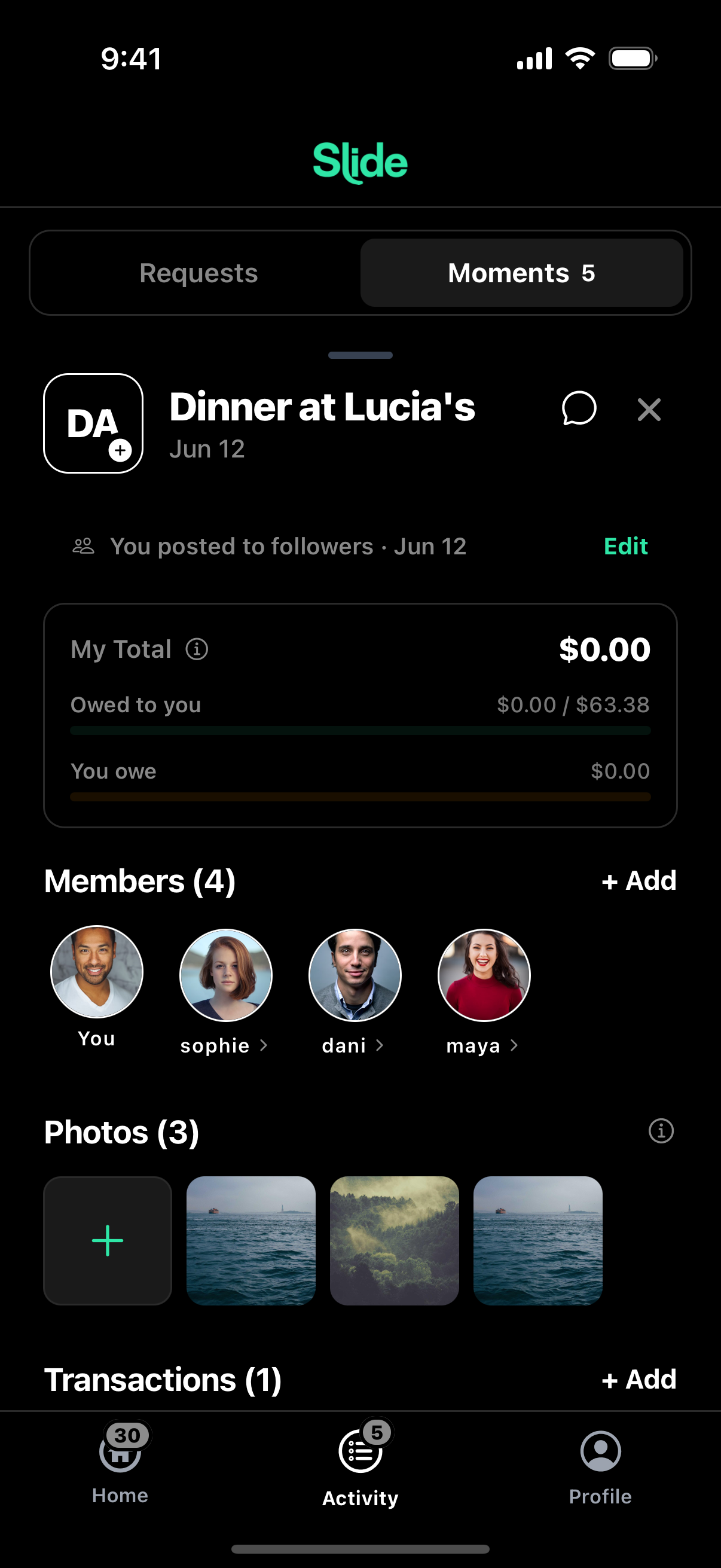 A Slide Moment with members, photos, and shared transactions