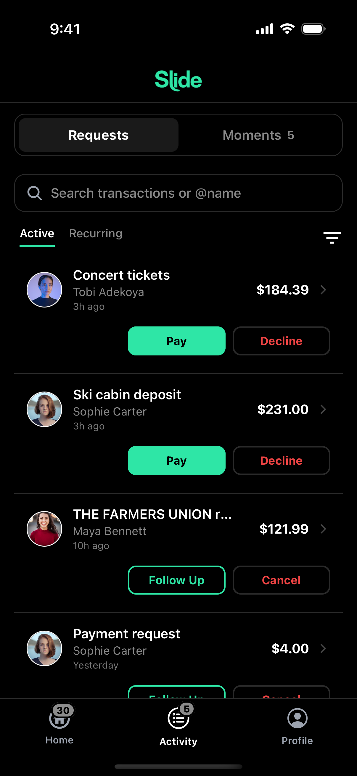 Active requests showing who owes what