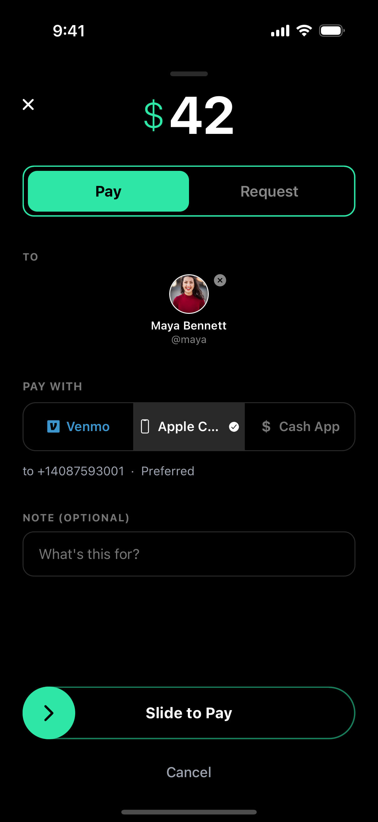Slide to pay screen confirming a payment