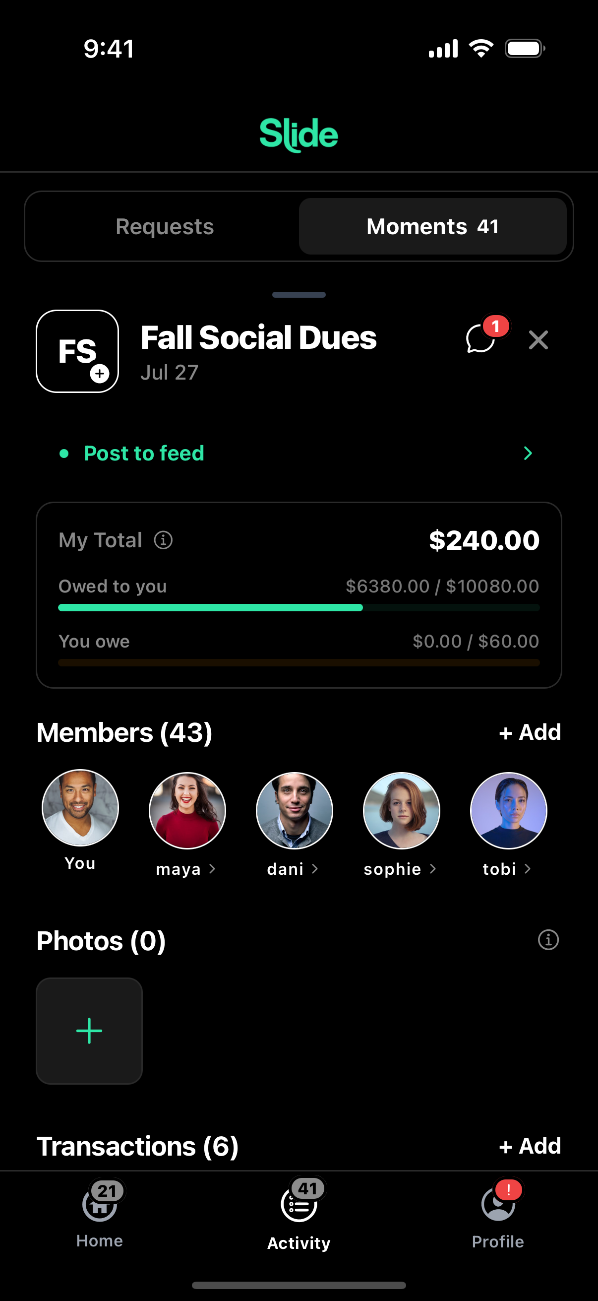 A Slide Moment called Fall Social Dues with 43 members and $10,080 owed to the treasurer