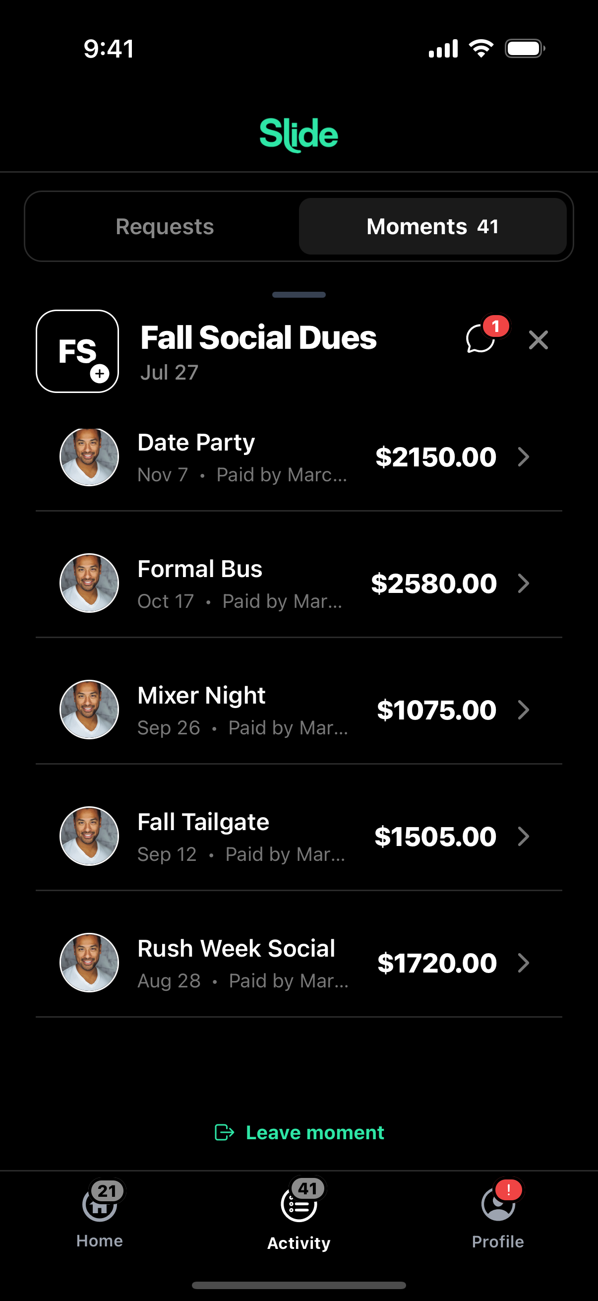 A Slide Moment listing Rush Week Social, Fall Tailgate, Mixer Night, Formal Bus and Date Party with what each cost