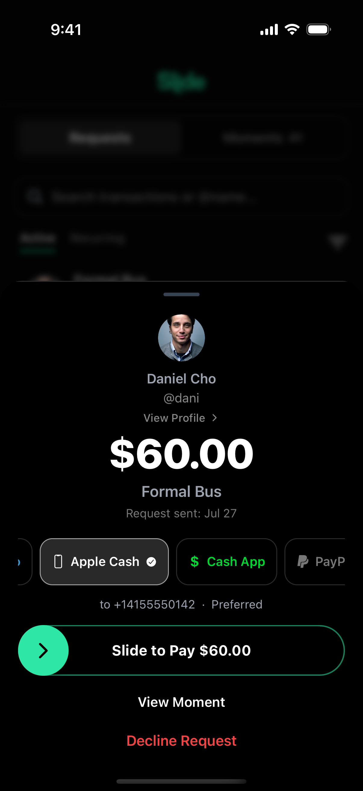 The Slide pay sheet for a $60 Formal Bus share with Venmo, Apple Cash, Cash App and PayPal