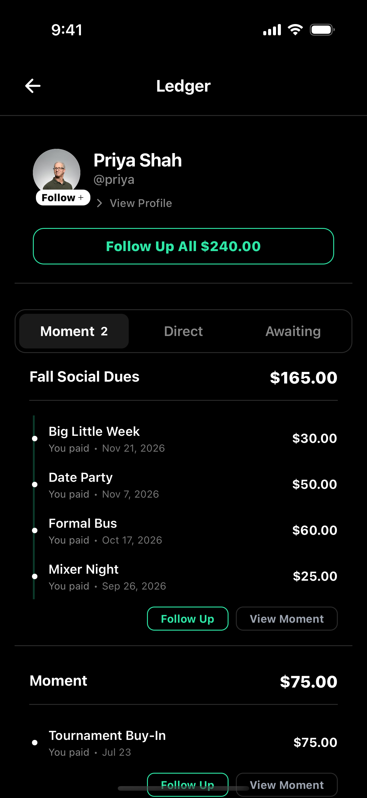 A Slide ledger with one chapter member showing every event they still owe for and a Follow Up All button for $240