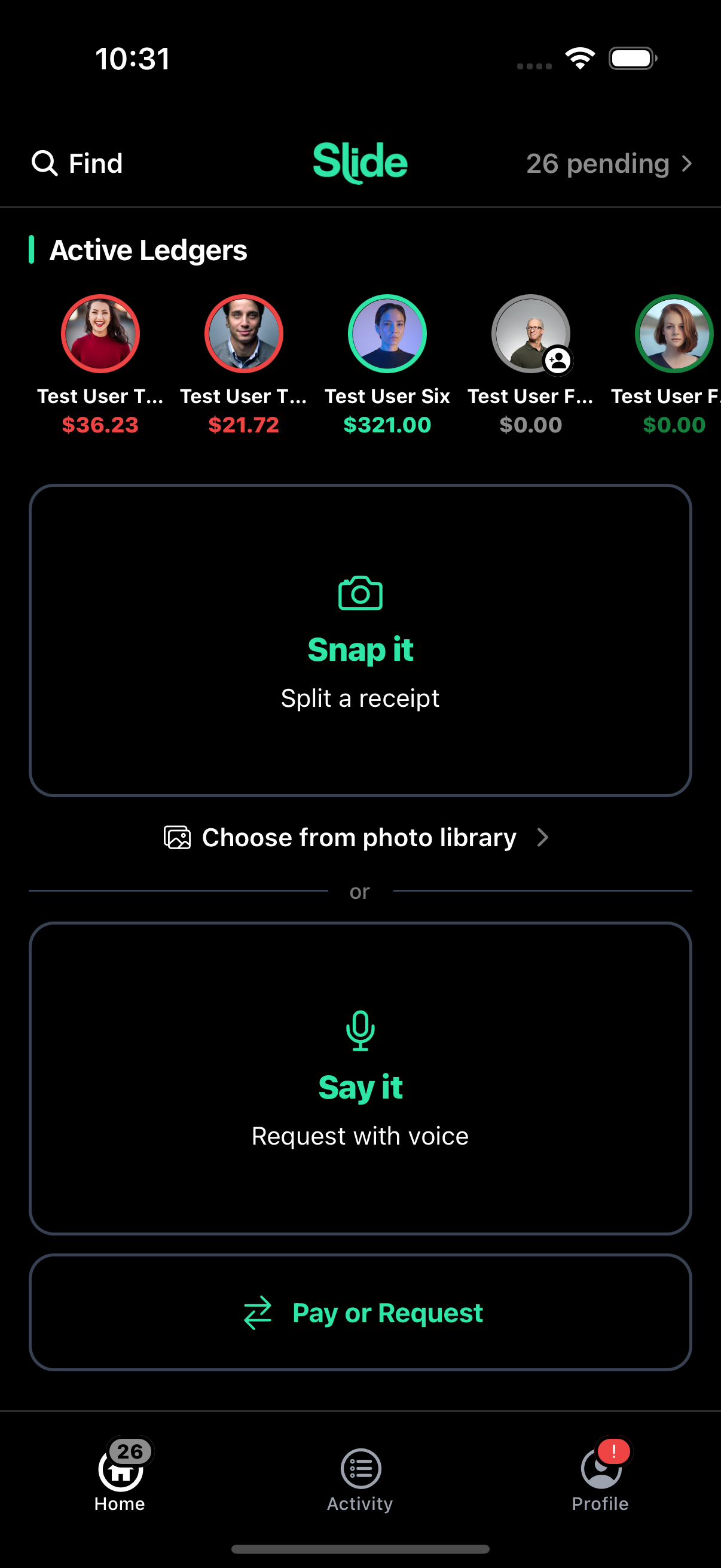 Home — active ledgers with every friend