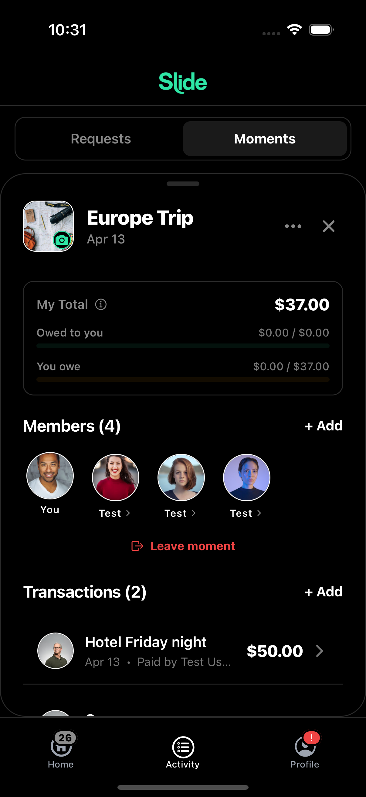Moment detail — members, spend, and transactions