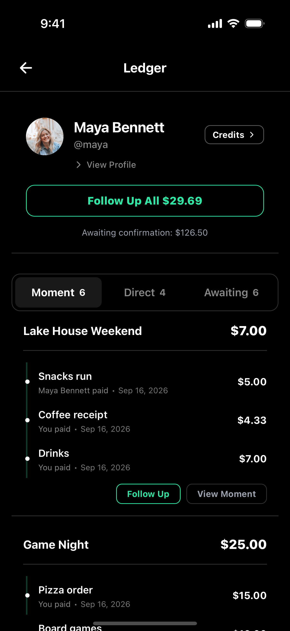Per-friend ledger: every shared moment, with the running net balance
