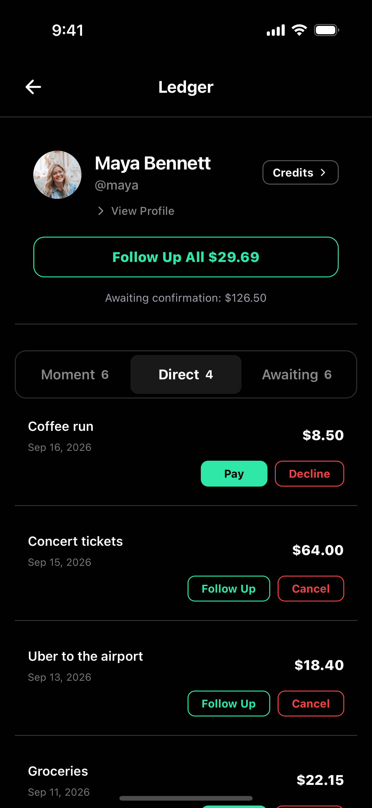 Ledger direct tab: every direct payment with that friend