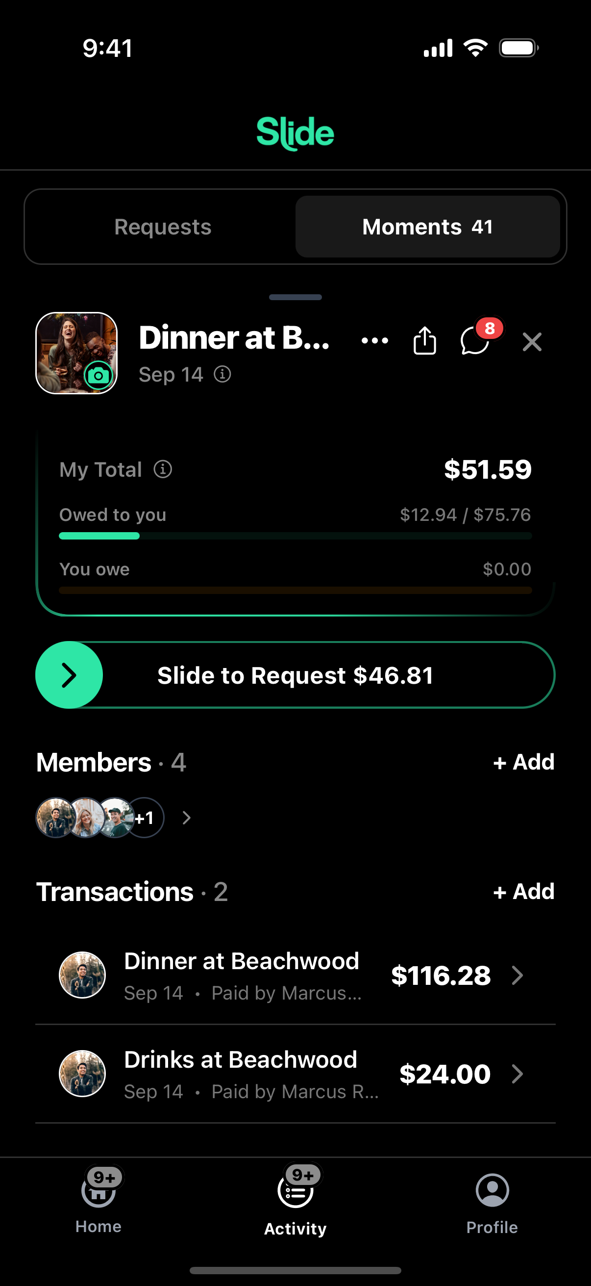 Inside a moment: members, photos, and shared transactions