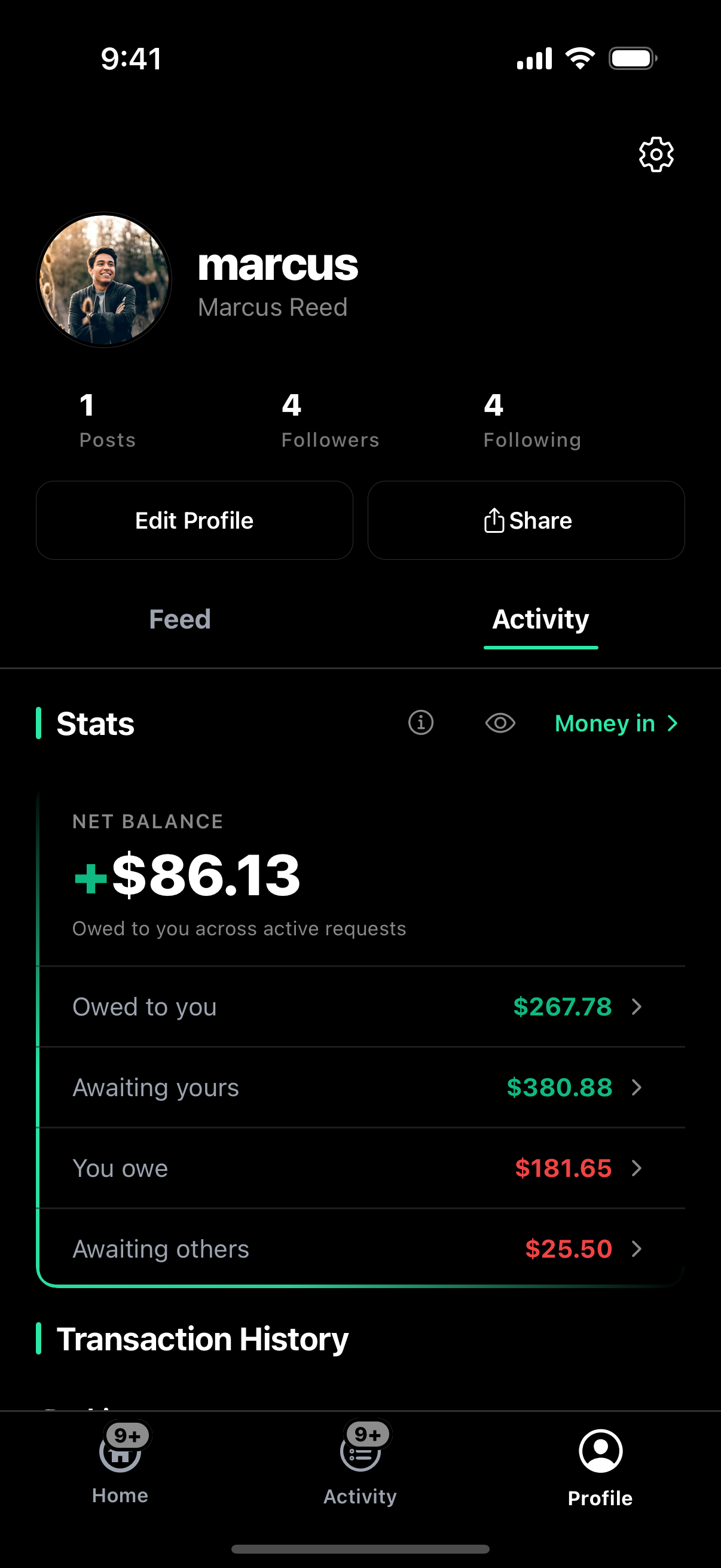 Profile activity: net stats across every moment and friend
