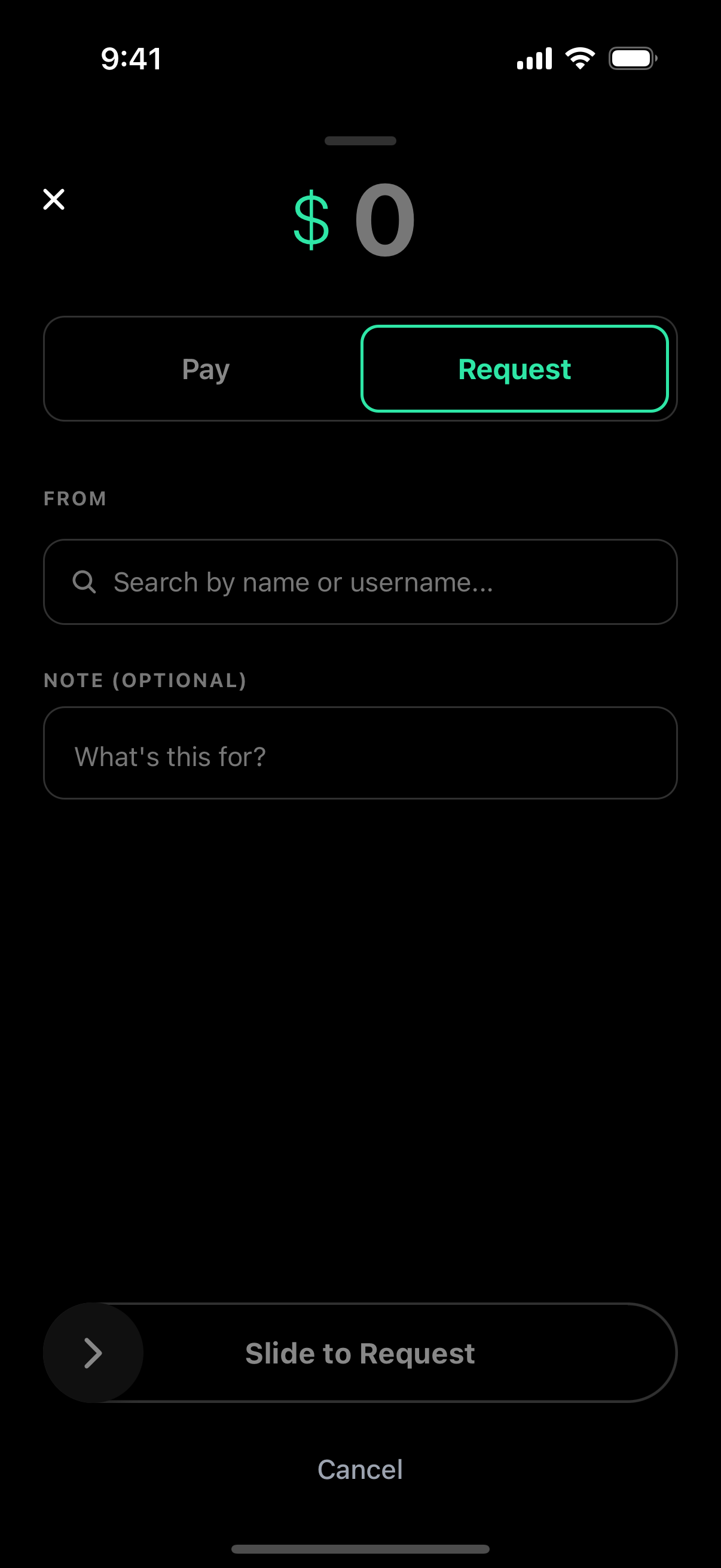 Send it: Pay or Request screen with slide-to-confirm